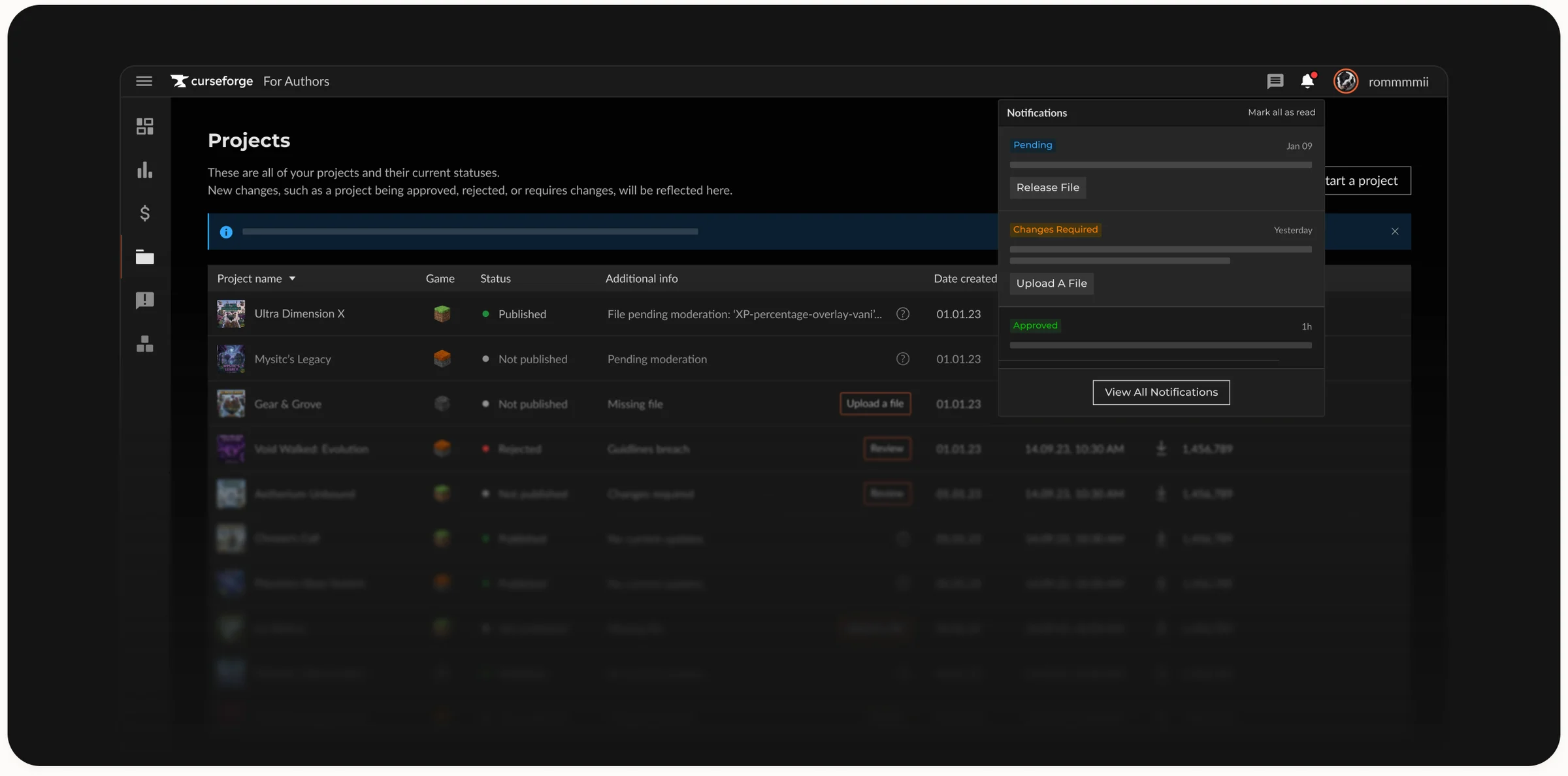 Authors Console with project statuses and moderation feedback