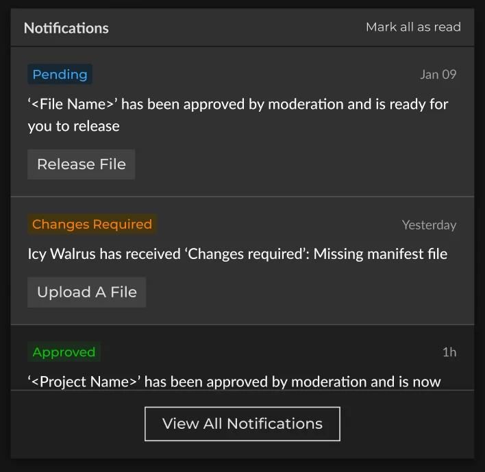 Notifications panel with actions