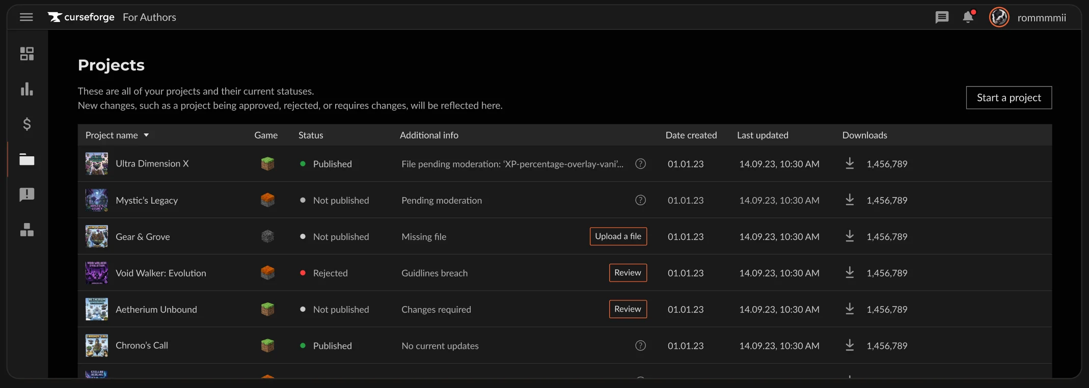 Projects page with statuses and quick actions
