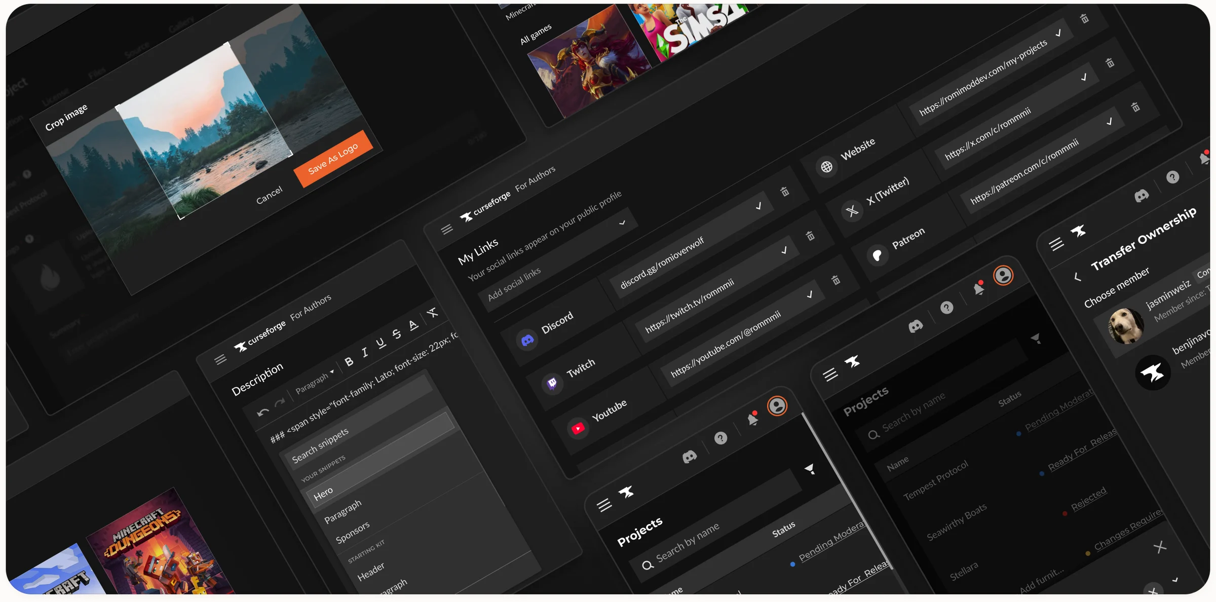 Authors Console screens: project settings, snippets and social links