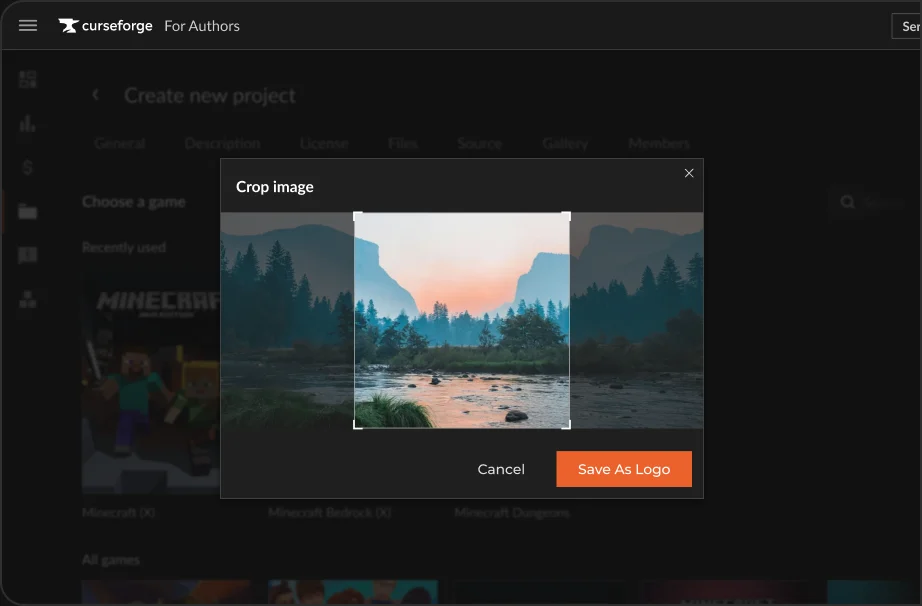 Logo crop modal inside the Console