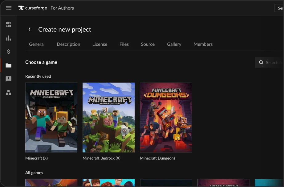 Game selection screen with a recently used games shelf