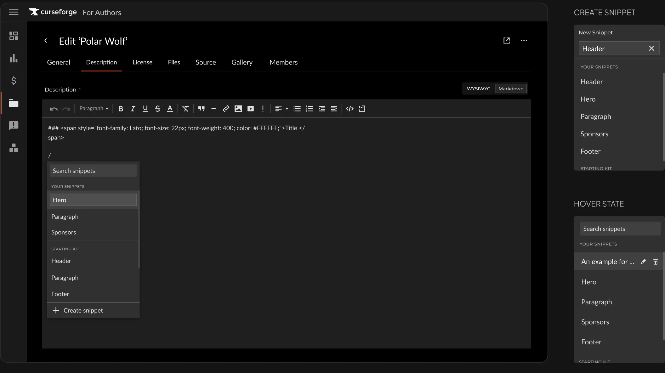 Description editor with the snippets menu open, showing create snippet and hover states