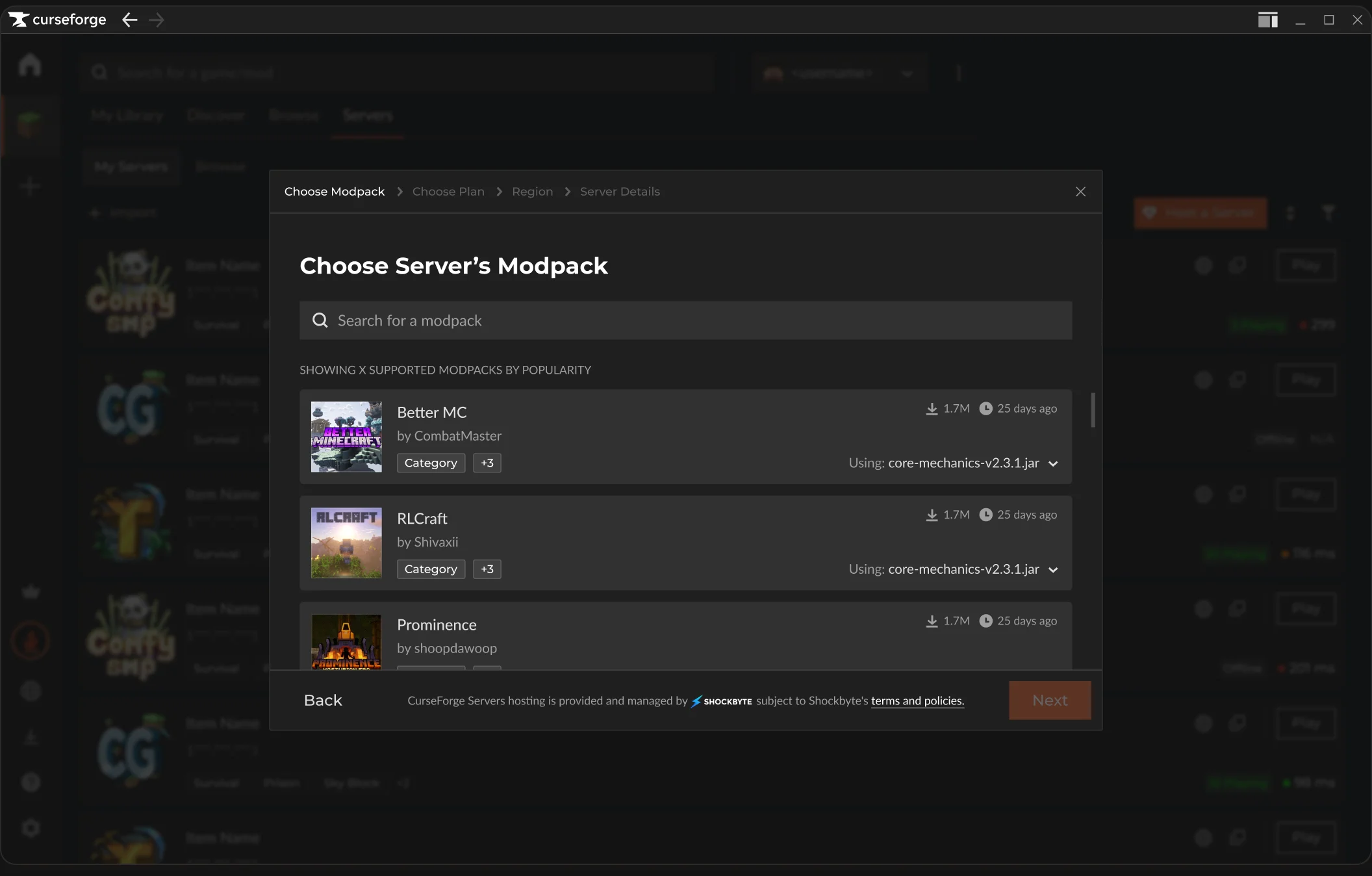 Create server modal, step 1: choose modpack