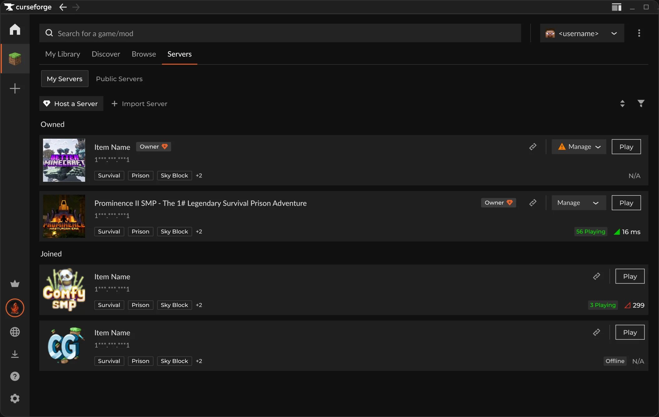 My Servers tab with hosted and joined servers