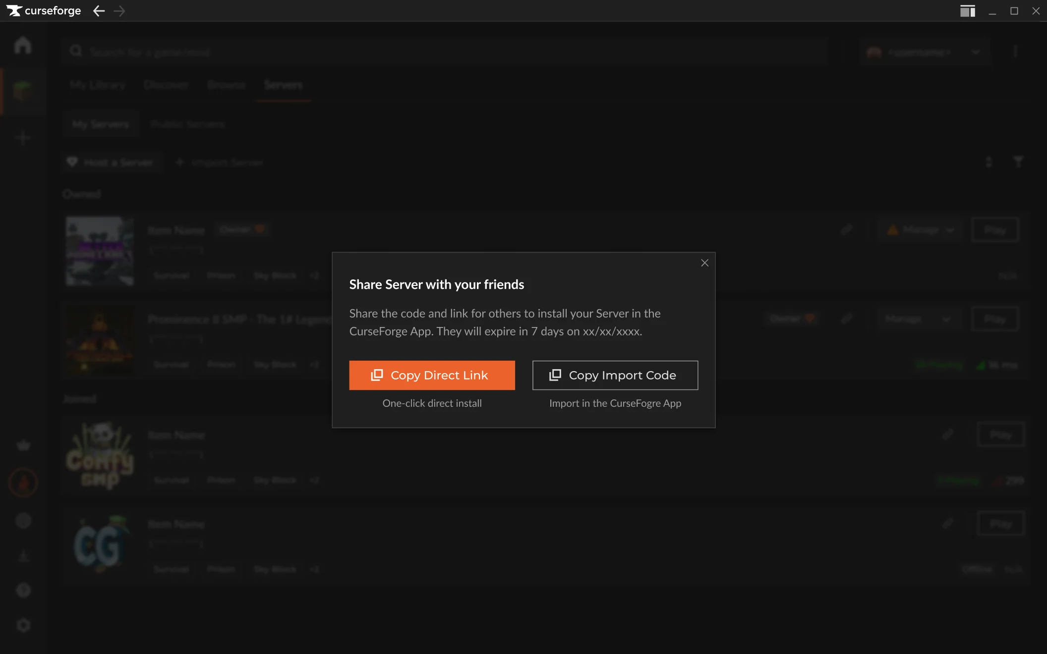 Share server modal with a deep link and an import code